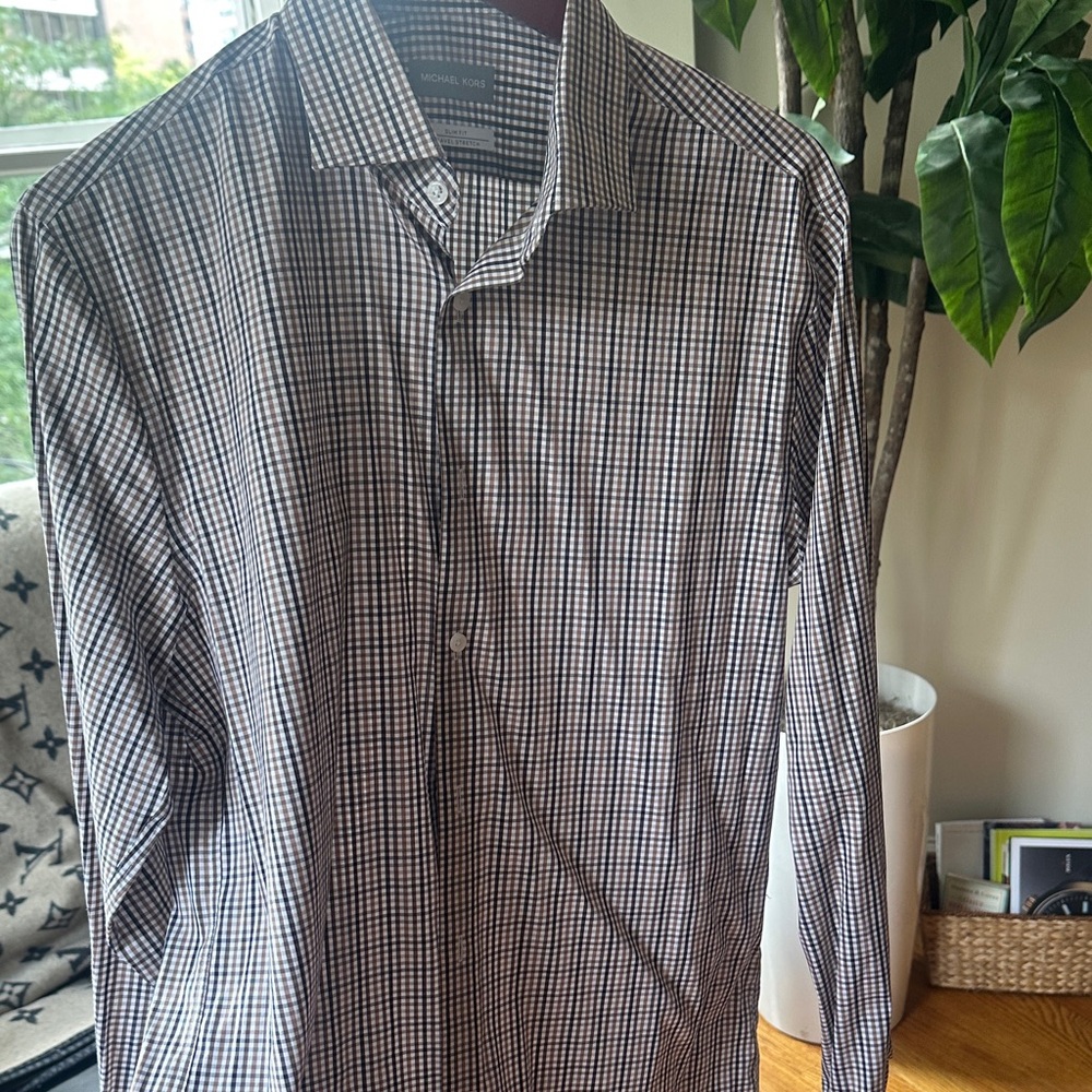 Michael Kors Men's Brown and White Checkered Shirt